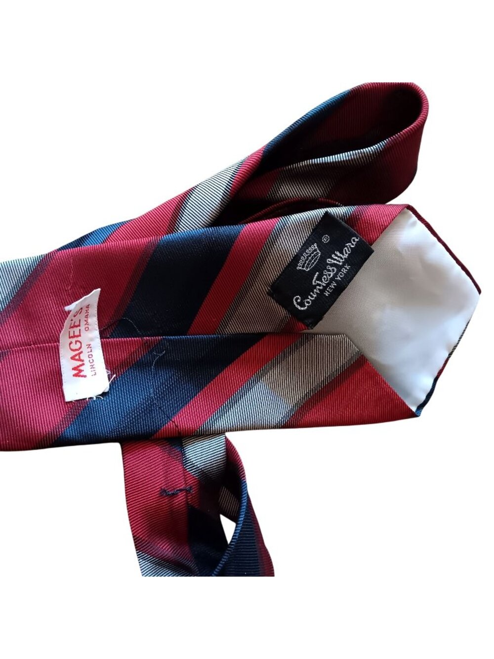 True Vintage Necktie Magee 1866 Mens Striped Red Navy Grey 1970's actate 56" 3"